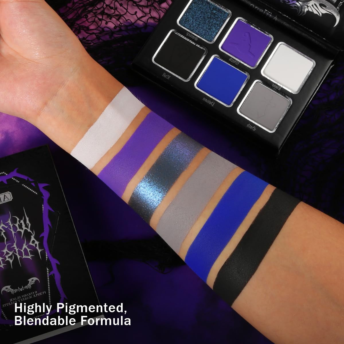 Goth Eyeshadow Palette Purple Blue, Multichrome Chrome Blue Purple Matte Black White Grey Dark Eye Shade, Gothic Halloween Makeup Eye Shadow Pallet for Costume Joker Clown Cosplay SFX Makeup