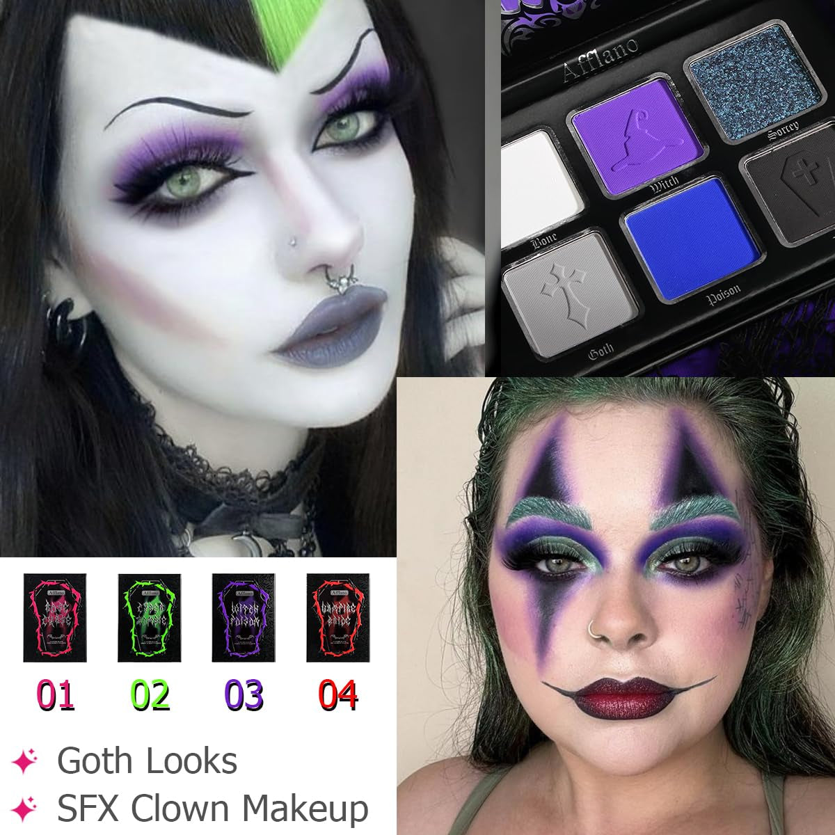 Goth Eyeshadow Palette Purple Blue, Multichrome Chrome Blue Purple Matte Black White Grey Dark Eye Shade, Gothic Halloween Makeup Eye Shadow Pallet for Costume Joker Clown Cosplay SFX Makeup