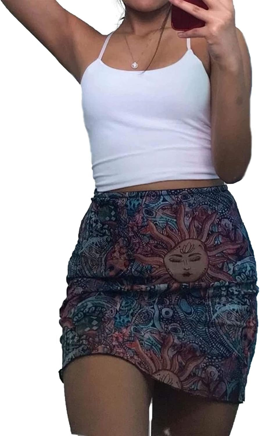 Women'S Bohemian Mini Skirt Elastic High Waist Graphic Mesh Bodycon Mini Skirt Y2K Aesthetic Skirt (F-Brown, Small)