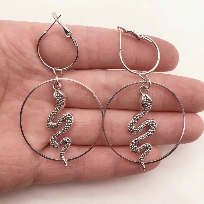 Silver Plated-Snake - Hoop Earrings - Serpent - Goth - Gift - Gothic - Hoops - Silver - Witchy - Goddess - Dark - Statement