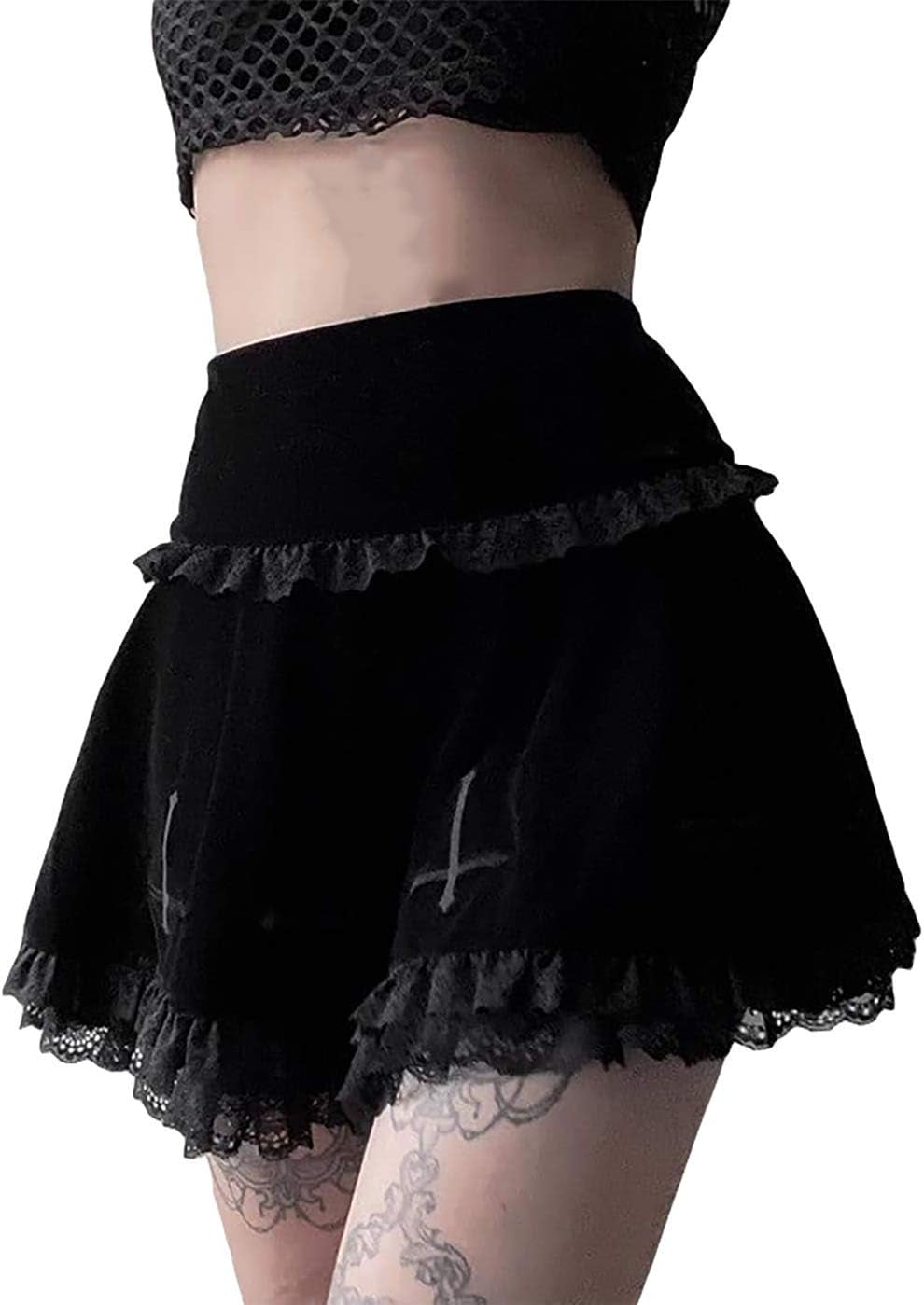 Womens Gothic Skirt Embroidery Ruffle Elegant Vintage Punk Goth Party Mini Skirt