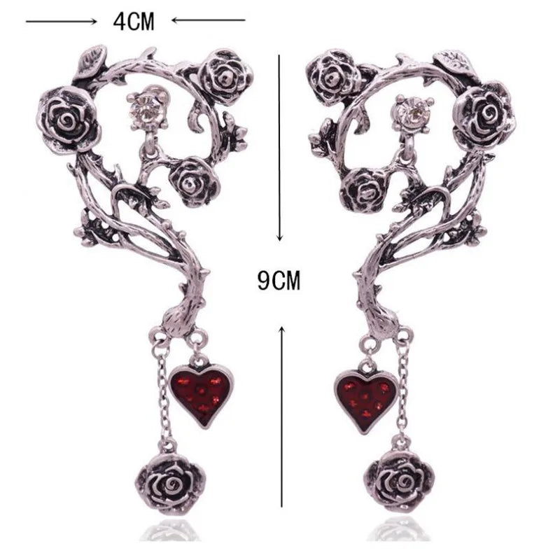 Vintage Jewelry Set Red Heart Rose Necklace Earrings Sets Punk Goth Accessories Choker Drop Earring Daily Wear Halloween Party