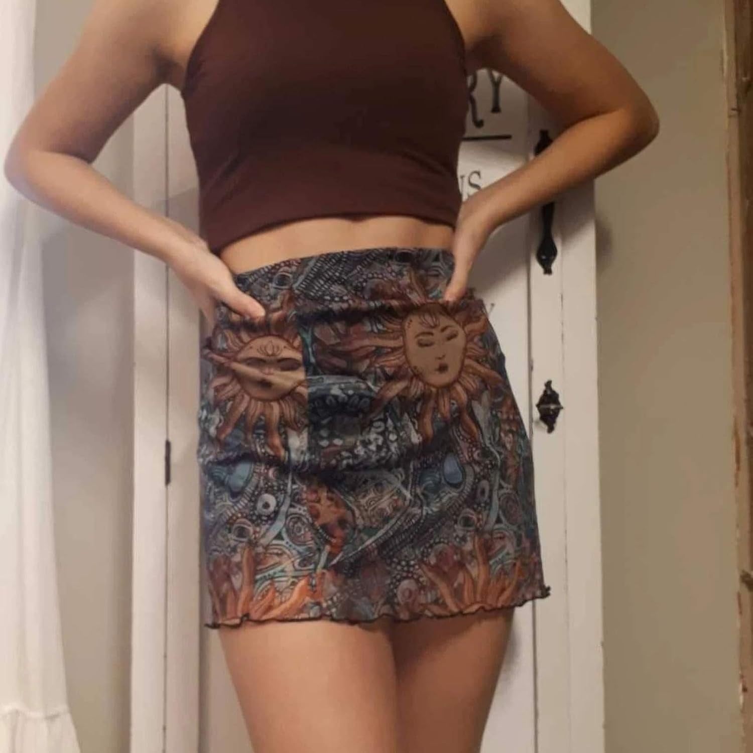Women'S Bohemian Mini Skirt Elastic High Waist Graphic Mesh Bodycon Mini Skirt Y2K Aesthetic Skirt (F-Brown, Small)